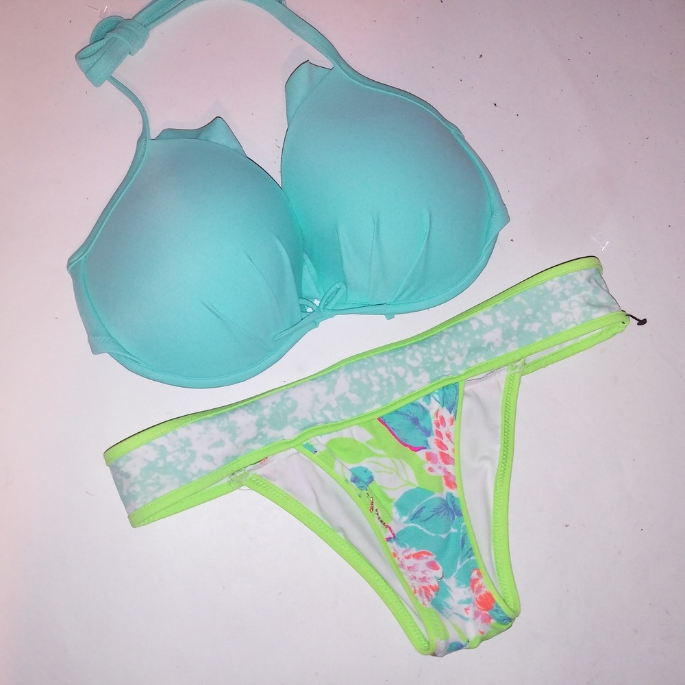 Victoria Secret Swim Bikini 34DD Top Small Cheeky Bottom Aqua Green Blue Floral